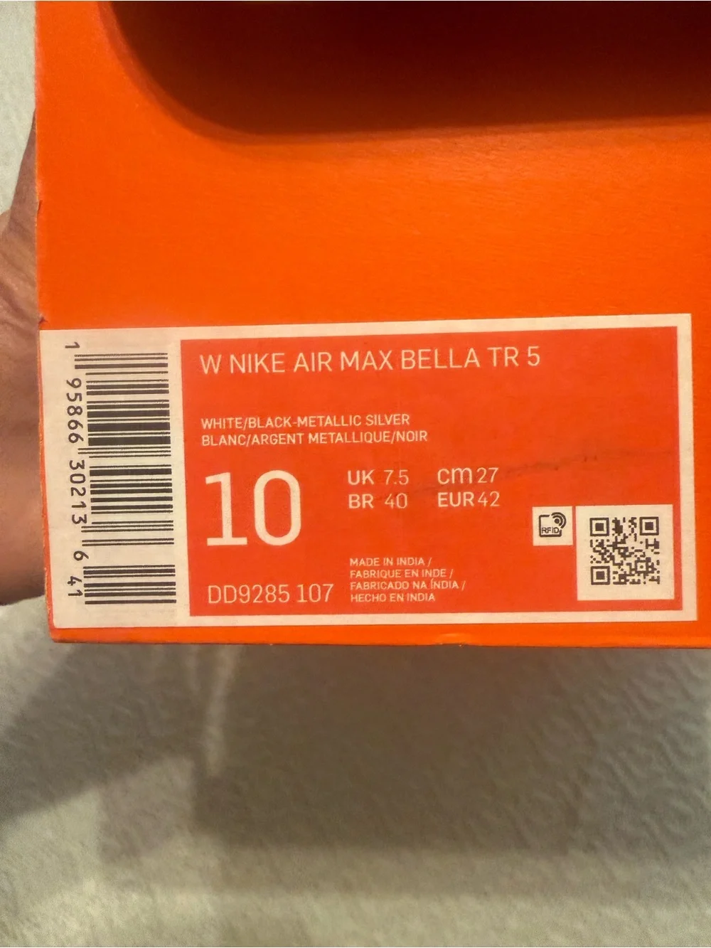Nike White/Black Athletic Shoe Box Label - Air Max Bella TR 5 NEW size 10 - Picture 2 of 6
